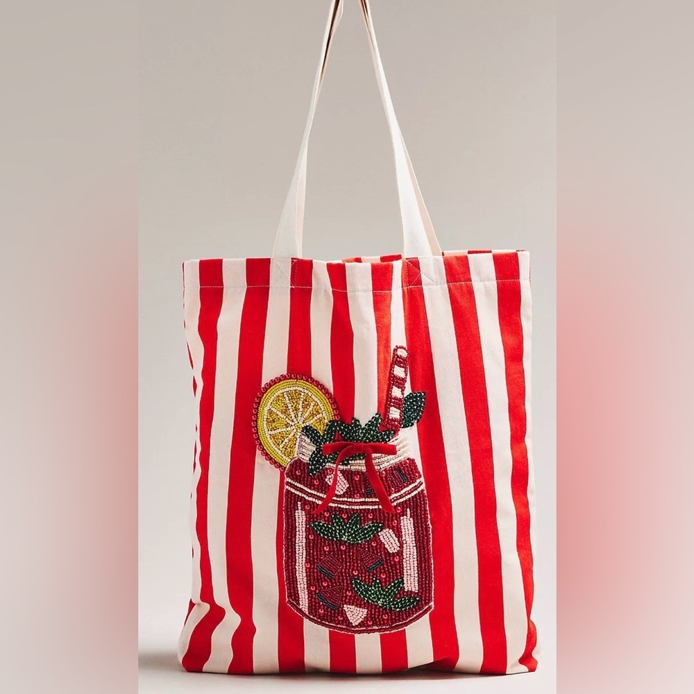 Anthropologie Red White Printed Beaded Canvas Tote Bag - Picture 3 of 4